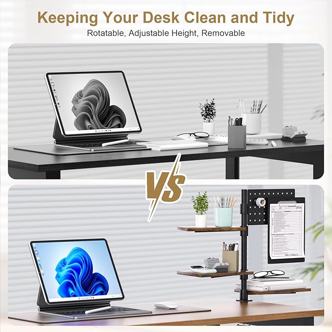 3-Tier Clamp On Desk Shelf, Adjustable 360° Rotatable Above or Under Desk Storage Shelves Holds 33 lbs, Heavy Duty Desktop Organizer with Pegboard Accessories ＆ 3 Hook for Home Office Dorm