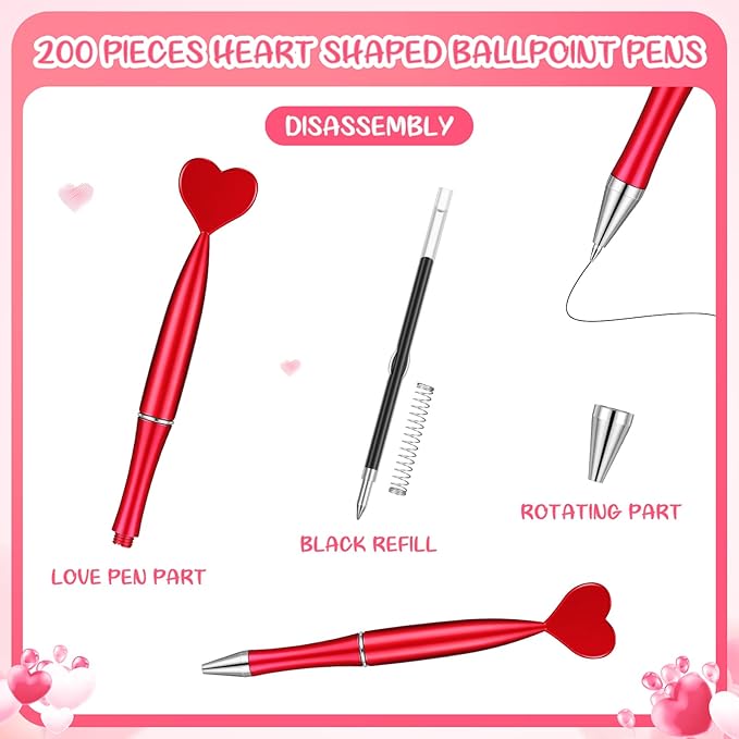 Crtiin 200 Pcs Valentine's Day Heart Shaped Pens Bulk Black Gel Ink Novelty Valentine Party Favor 1.0 mm Heart Ballpoint Pens for Men Women Office Valentine's Day Wedding Party Supply (Red)
