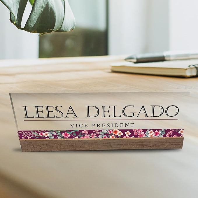 Artblox Personalized Office Desk Name Plate and Business Card Holder | Clear Acrylic Glass with Teak Wood Stand | Wild Flowers Design Customized with Your Name and Credentials Office Desk Décor