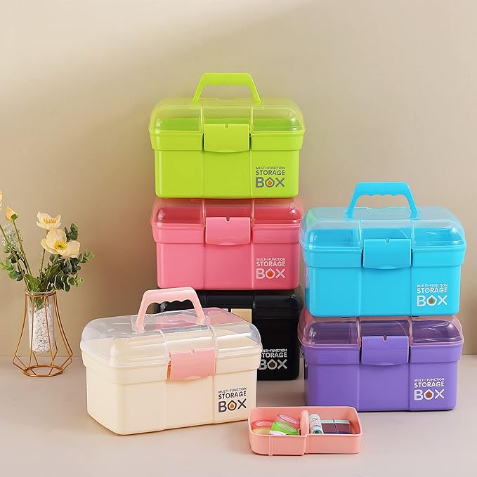 11'' Plastic Storage Box with Removable Tray, Multipurpose Organizer for Sewing, Art & Craft, Cosmetic (White)