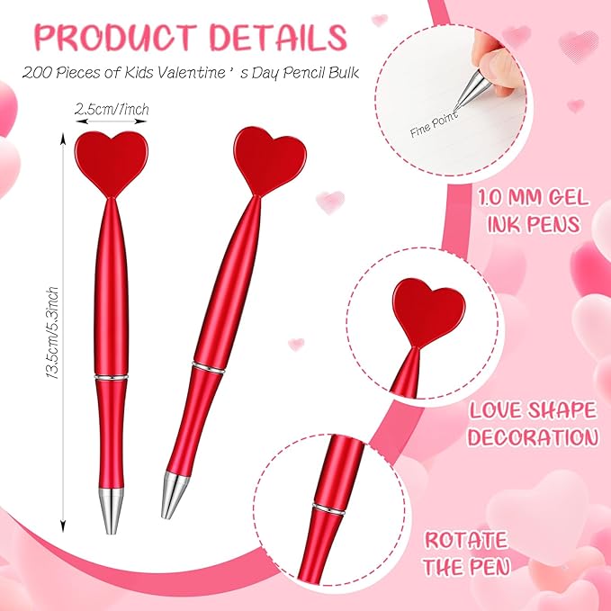 Crtiin 200 Pcs Valentine's Day Heart Shaped Pens Bulk Black Gel Ink Novelty Valentine Party Favor 1.0 mm Heart Ballpoint Pens for Men Women Office Valentine's Day Wedding Party Supply (Red)