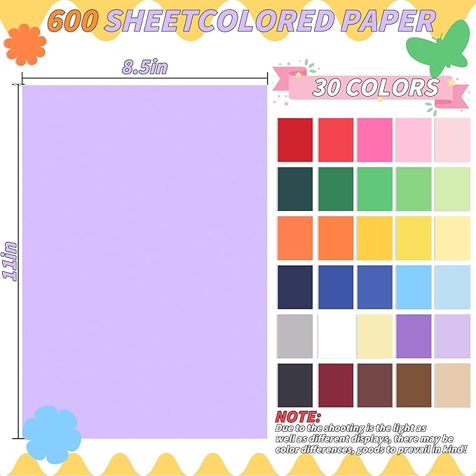 Oleitodh 600 Sheets Colored Paper 30 Colors, 8.5x11 Construction Paper Assorted Colors, 180gsm/65lb colored cardstock for Crafts, Printing, Card Making, Office, Cricut, Scrapbook