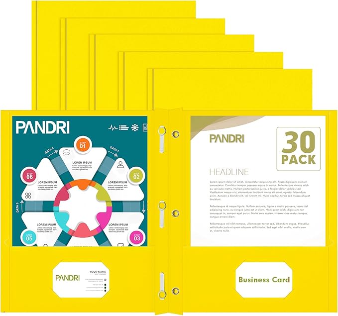 Two Pocket Folders, PANDRI 30 Pack Two Pocket Folders with Prongs, 3 Prong Folders Designed for Office and Classroom, Letter Size Yellow