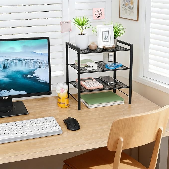 Desktop Shelf Organizer, 3-Tier Office Storage Rack, Adjustable Metal Bookshelf for Top of Desk, Desk Organizer for Office, Home, Dorm and Small Spaces (Black)