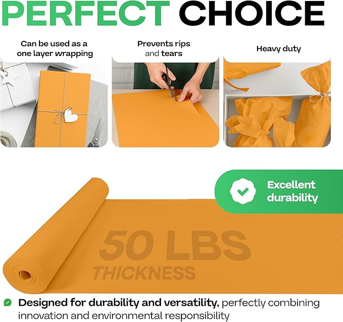 Orange Kraft Paper Roll 48" x 1200" (100 feet) with Cutter - USA-Made Gift Wrapping Paper for Packing, Moving, Shipping & Crafts/Arts - 100% Recyclable Natural Craft Material by IDL Packaging