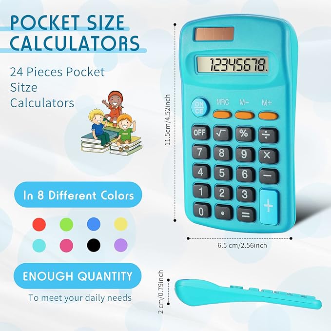 24 Pcs Pocket Size Basic Calculators Dual Powered Handheld 8 Digit Display Desktop Calculators for Desktop Home Office(Multi Color)