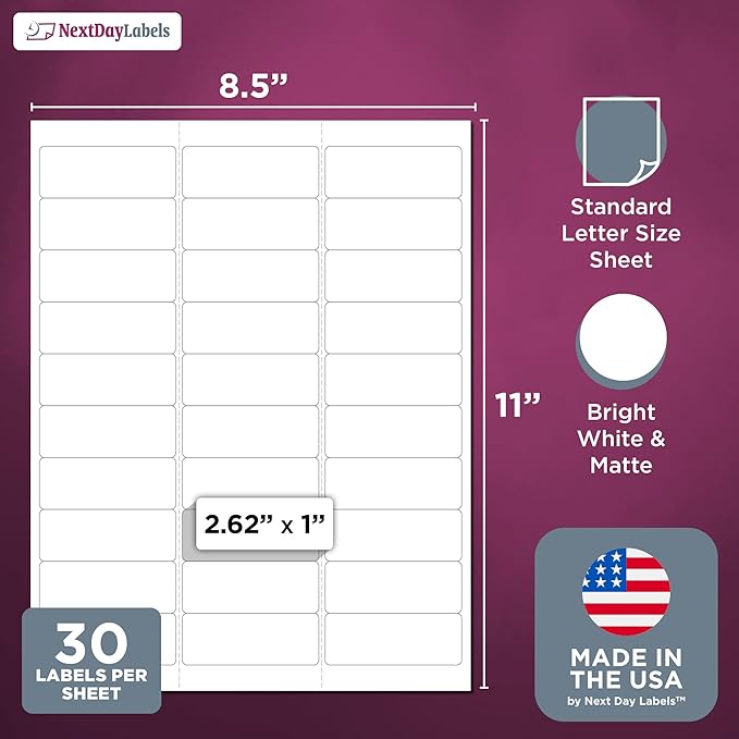 NextDayLabels 2.63x1 Inch Rectangle Stickers White Blank Labels for Laser Inkjet Printer - 30 Per Sheet Self-Adhesive Address Mailing Name Tags Made in USA - 30,000 Labels