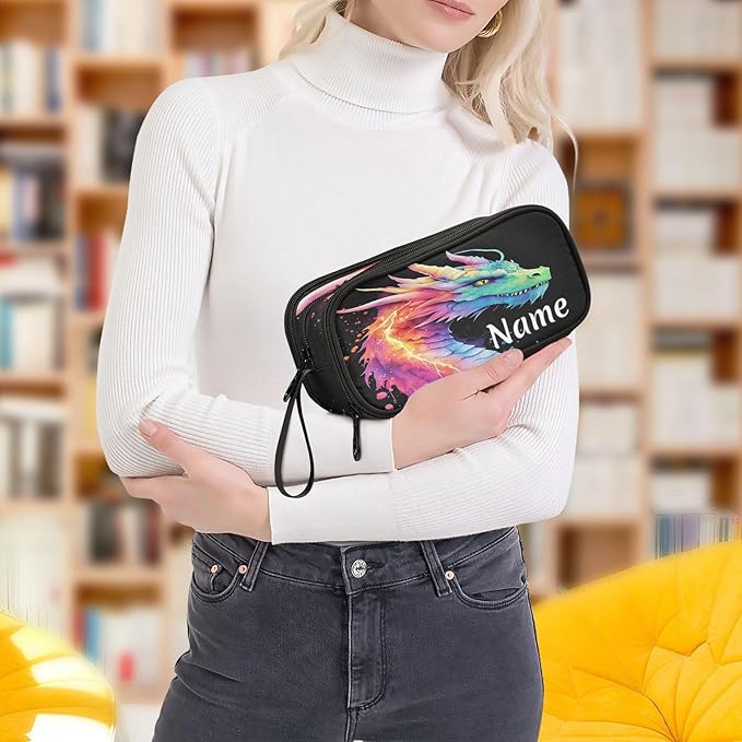 Custom Lightning Dragon Watercolor Pencil Case Box Boys Girls Personalized Name Large Pencil Pouch Stationery Pen Bag Organizer for Kids Adults School Office