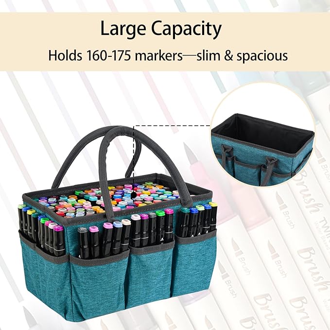 Marker Organizer Bag with Multiple Pockets, Marker Case for Art Storage Paint Markers, Paint Brushes, Coloring Books, Other Art Supplies, Green