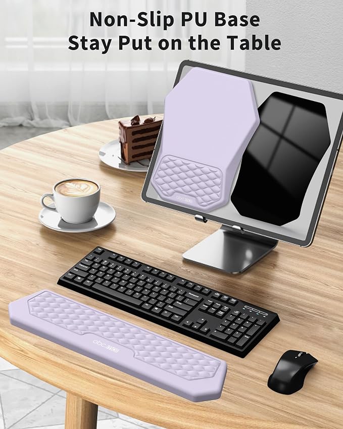 Ergonomic Mouse Pad and Keyboard Wrist Rest Support Set, Massage Design Mousepad for Carpal Tunnel Pain Relief, Memory Foam, Non-Slip PU Base for Computer Desk, Purple