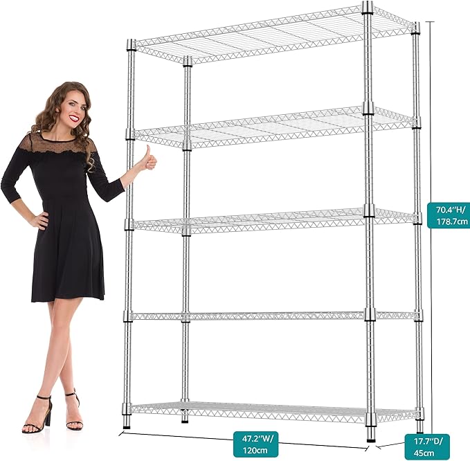 5 Tiers Shelf 1750 lbs Steel Storage Shelving Utility Shelving Unit Steel Organizer Wire Rack for Home,Kitchen,Office,Garage Chrome 17.7" D x 47.2" W x 72.4" H