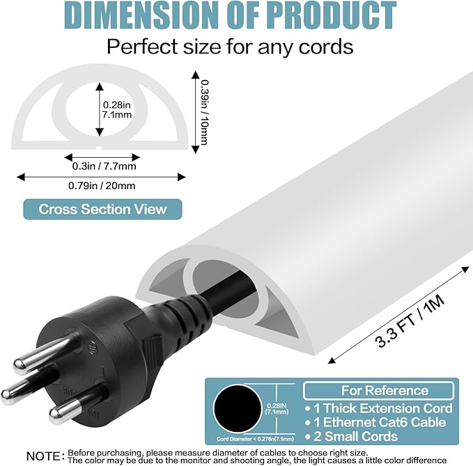 Floor Cord Cover Self Adhesive Cord Hider,3.3FT Cable Management, Extension Strip Protector for Wires, Prevent Cable Trips for Offices, Gyms, Exhibitions Cavity:0.3"(W) x 0.28"(H) White