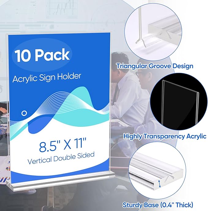 10 Pack Acrylic Sign Holder 8.5 x 11, Clear Double Side T Shape Acrylic Table Sign Stands for Display, Flyer Holder Paper Card Holder for Office Business Store Malls Restaurants
