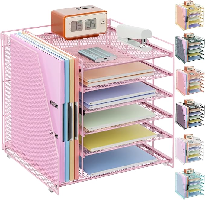 gianotter Desk Organizers and Accessories, 6-Tier Paper Organizer with Magazine rack, File Organizer for Desk, Desk Organizers for Women, Pink Office Decor (Pink)
