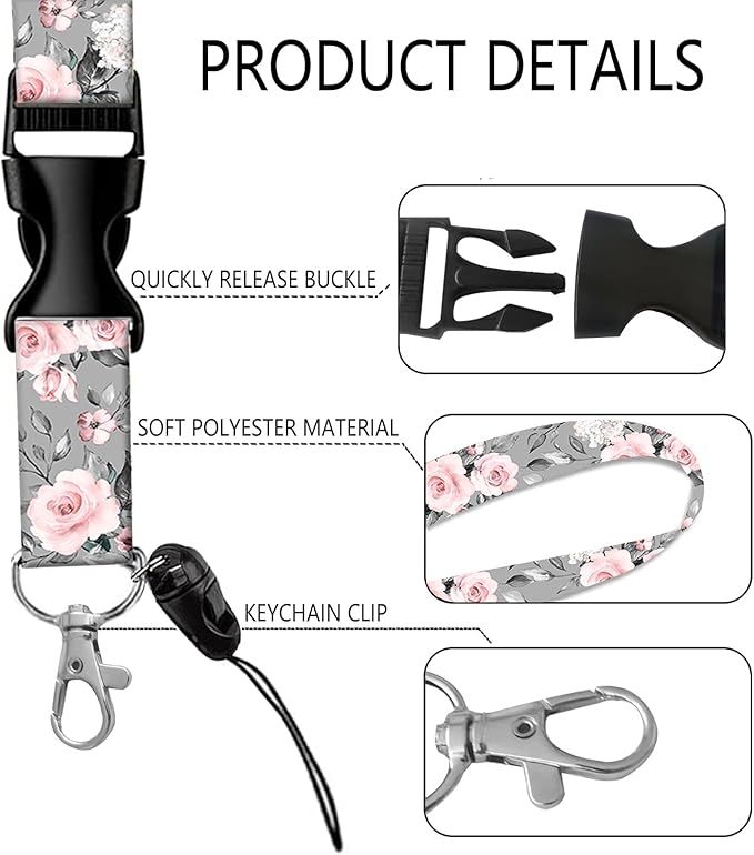 BLOCIT ID Badge Holder with Lanyard and Retractable Badge Reel Clip, Cute Card Name Tag Lanyard Vertical ID Protector Bage Clips for Nurse Doctor Teacher Student（Gray Pink Roses Flower）