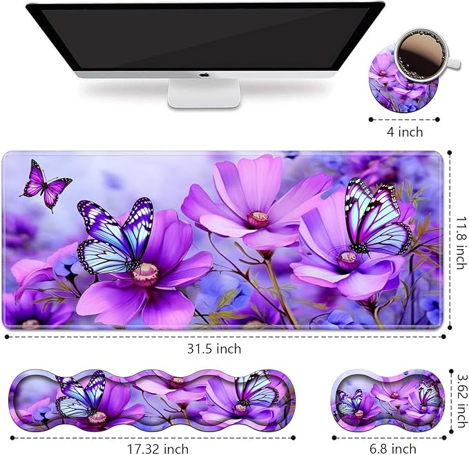 Ergonomic Keyboard Wrist Rest & Mouse Pad Wrist Rest Set, Large XXL Gaming Desk Mat 31.5"x 11.8", Non-Slip Base, Memory Foam, Easy Typing Pain Relief for Office & Home, Purple Flowers and Butterfly