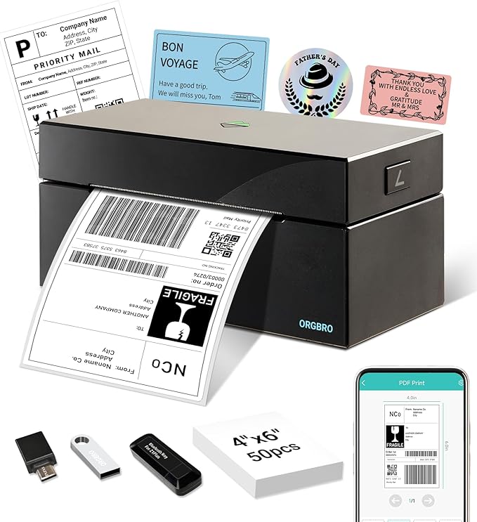 ORGBRO Bluetooth Thermal Shipping Label Printer, Z1-Plus Wireless 4X6 Shipping Label Printer for Small Business Office or Home Support iPhone Android Windows macOS Chrome Amazon Ebay Shopify USPS