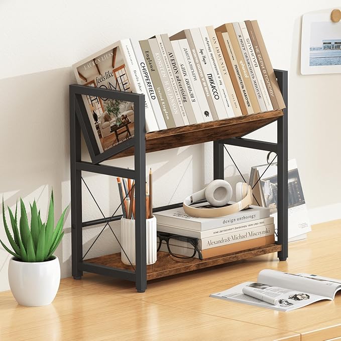 ELITEROO Desktop Bookshelf, 2 Tier Desk Shelf Organizer, Wooden Tabletop Bookcase, Small Desk Top Book Rack for Office, Home, Bedroom, Small Space Storage and Display, Rustic Brown