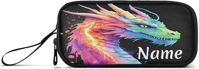 Custom Lightning Dragon Watercolor Pencil Case Box Boys Girls Personalized Name Large Pencil Pouch Stationery Pen Bag Organizer for Kids Adults School Office