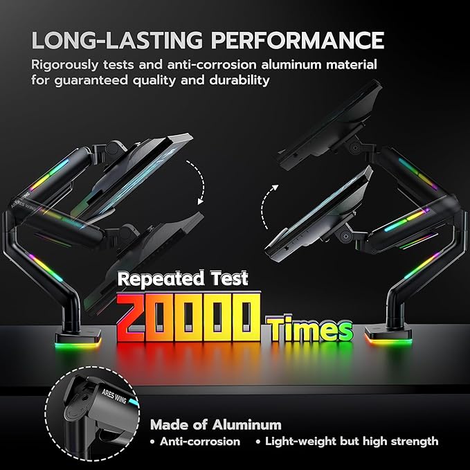 Ultrawide Monitor arm for 17-49'' Heavy Duty Screen up to 44lbs, Gas Spring Single Monitor Arm with RGB Light, Adjustable Gaming Computer Monitor Arm for Desk, Black