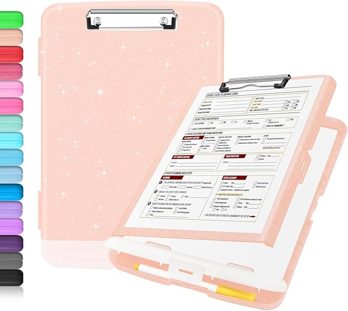 Sooez Glitter Clipboard with Storage, High Capacity Clip Boards 8.5x11 with Pen Holder, Cute Clipboards with Low Profile Clip, Sparkle Plastic Organizer Case Box for Women & Kids, Side Opening