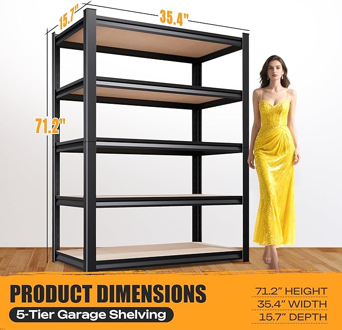 5-Tier Garage Shelving Heavy Duty Storage Shelves, Adjustable Metal Shelving Unit, Utility Garage Organizer Shelf for Basement, Pantry, Kitchen, Warehouse,Supermarket, 16" Dx35 Wx71 H, Black