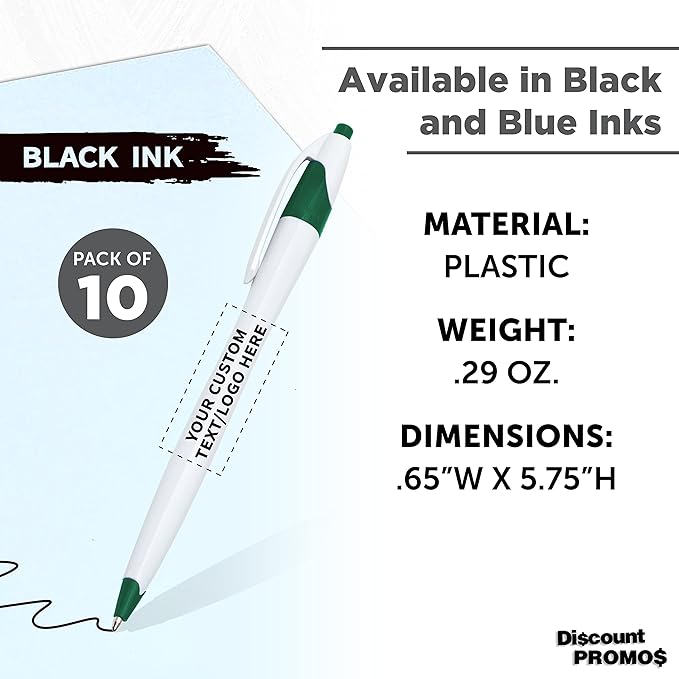 DISCOUNT PROMOS Custom Slim Curvy Ballpoint Pens Set of 10, Personalized Bulk Pack - Black Ink, Retractable, Great for Office, School, Tradeshows - Green