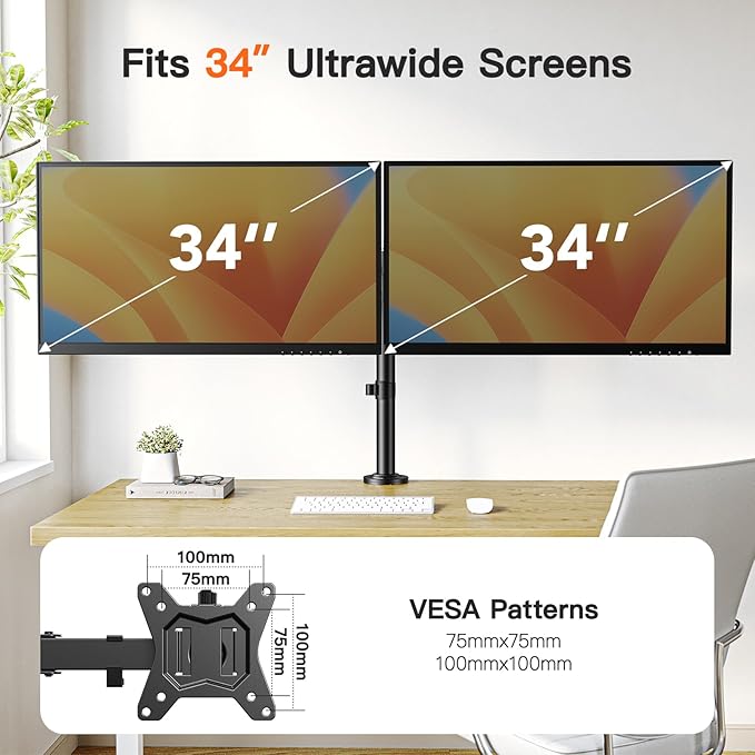 ErGear Dual Monitor Desk Mount for 13″–34″ Monitors up to 26.5 lbs, Fully Adjustable Monitor Stand Holds 2 Computer Screens, Heavy-Duty Dual Monitor Arm with C-Clamp & Grommet Base, Black, EGCM13B