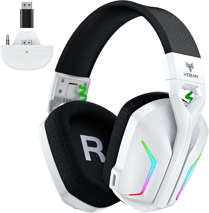 WESEARY Wireless Gaming Headset for Xbox Series X|S, Xbox One, PS5, PS4, PC, Mac, Switch, 2.4GHz + Bluetooth Over-Ear Gaming Headphones with ENC Mic, 3D Stereo, Dynamic LED Lights, 50mm Drivers, 50H