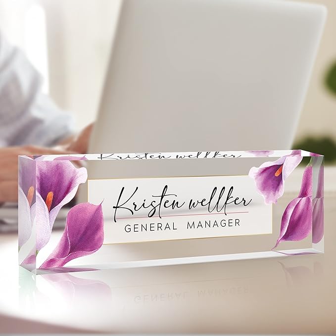 Custom Name Plate for Desk, Desk Name Plate Personalized, Office Decor for Women Men, Acrylic Desktop Accessories, Office Gifts for Coworkers Boss Teacher, Employee Appreciation Gifts (Purple Calla)