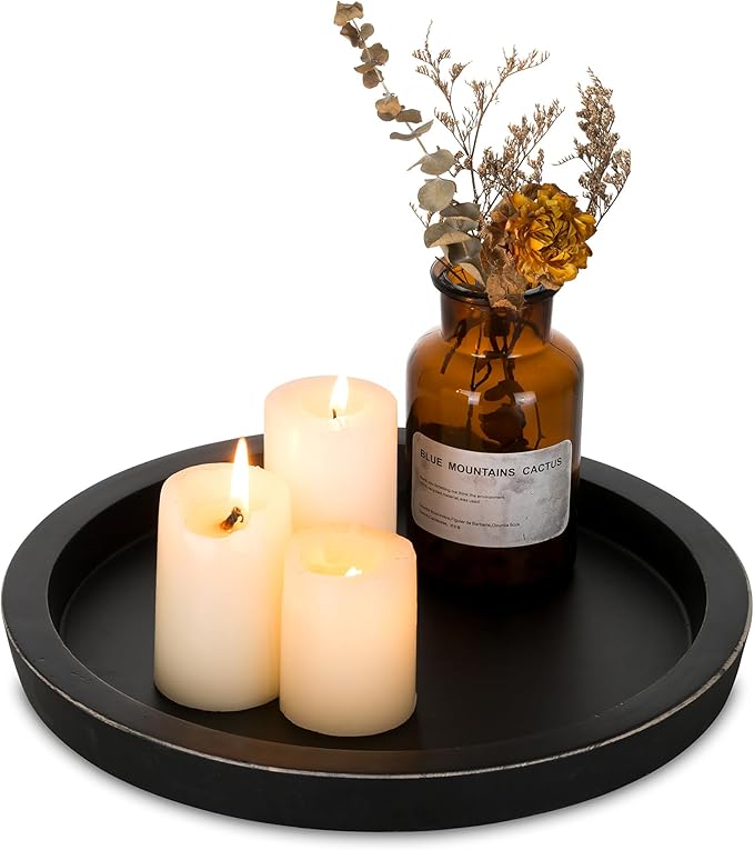 Hanobe Candle Plate Holder Tray: Round Wooden Decorative Candle Plate Small Farmhouse Table Centerpiece Rustic Wood Tealight Pillar Trays for Christmas Wedding Halloween Home Decor (Black)