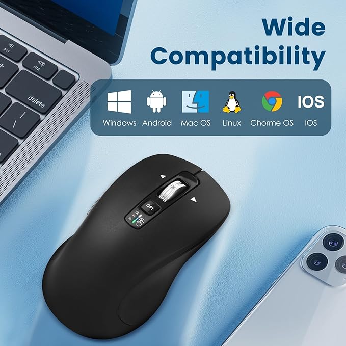 Wireless Bluetooth Mouse (USB + BT1 + BT2), Full Size, 4-Way Scrolling, Multi-Device Silent Mouse for Computer, Laptop, iPad, MacBook (Black)