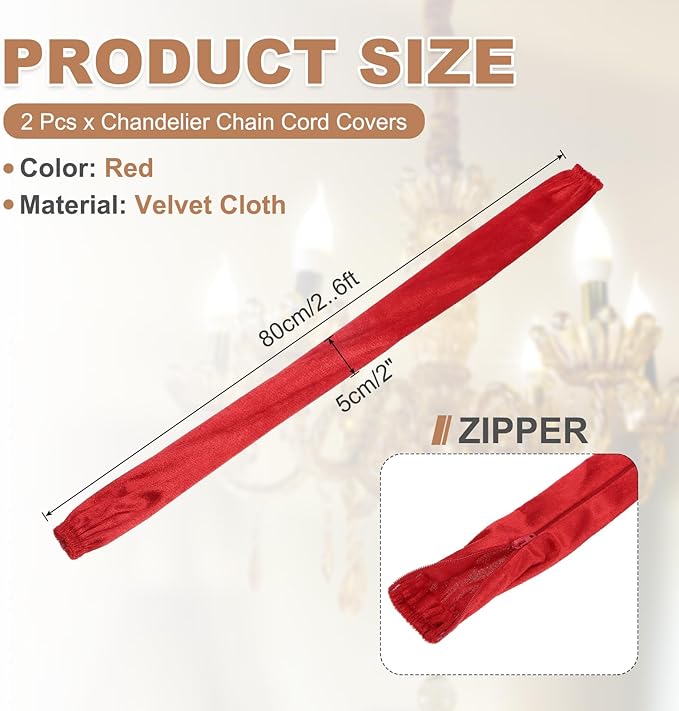 PATIKIL 2.6ft Chandelier Chain Cord Cover, 2 Pcs Velvet Cloth Fabric Chain Sleeve Decorative Cord Covers for Chandelier Wires Swing Cable, Zipper Style, Red