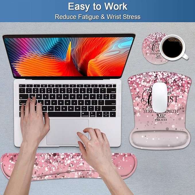 Keyboard Wrist Rest and Mouse Pad Wrist Support Set with Coasters, Non-Slip PU Base Ergonomic Gaming Mousepad for Home Office Working Studying Easy Typing & Pain Relief, Bible Verse Phil 4-13