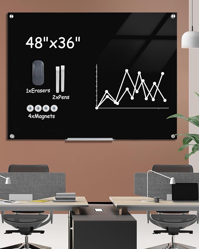 Mifuro Magnetic Glass Whiteboard，48"x36" Wall Mounted Frameless Dry Erase Board for Office, Home & School Black