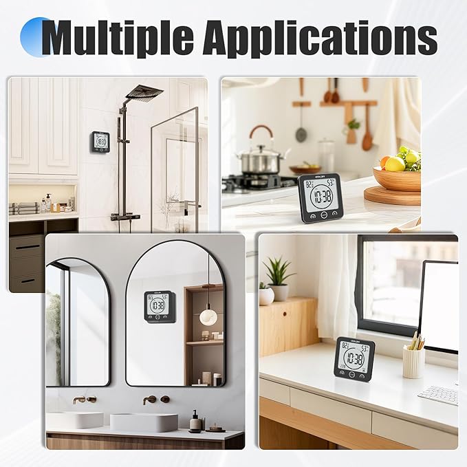 Baldr Shower Clock Waterproof Bathroom Clock with Timer/Temperature/Humidity, Digital Timers for Kids and Adults, Bath Kitchen Study, Black