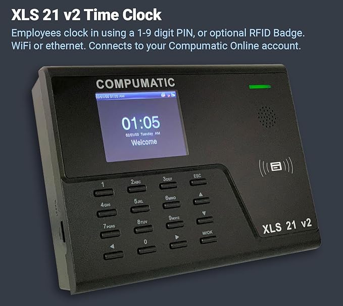 COMPUMATIC PIN Entry and RFID Time Clock with Online Cloud Hosted Software, Automatic Real-Time Punch Upload with WiFi or Wired Ethernet Connection