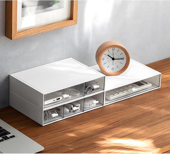 Desktop Organiser with 5 Drawers, Stackable Plastic Storage Box on Desk, Small Drawers Storage Unit for Home Collection, Cosmetics, Office Supplies (2 Flat Layers, White)