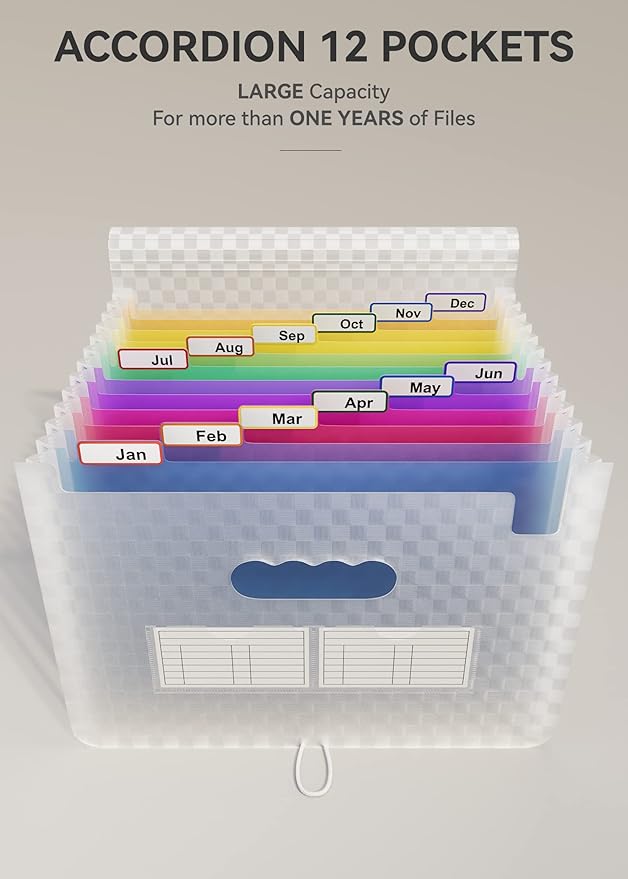 ABC life 12 Pockets Accordion File Organizer Expanding File Folders, Portable Monthly Bill Receipt Document Organiser, Expandable Accordian Filing Folder Letter A4 Size, Colored Tabs (Blue)