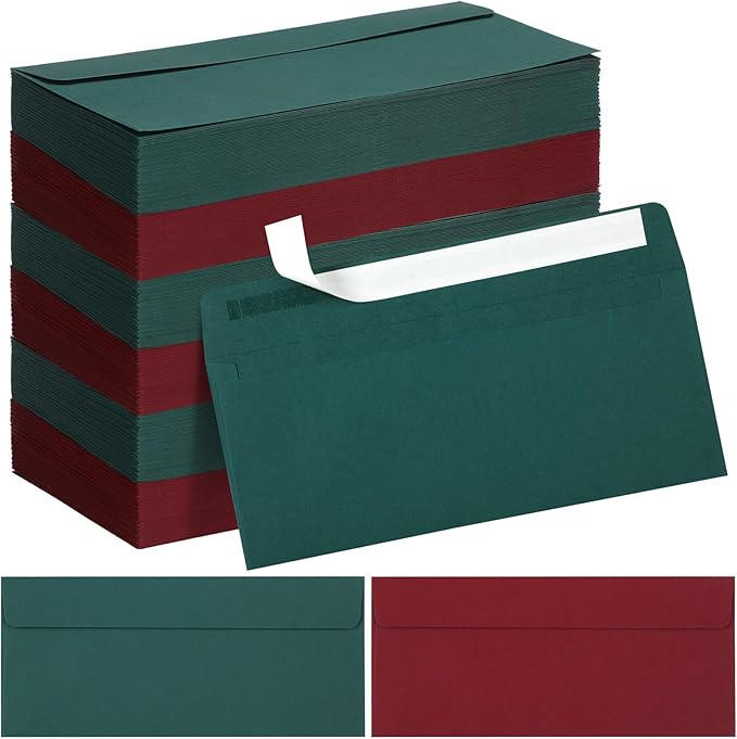 Outus 500 Pcs #10 Colored Envelopes Business Envelopes Adhesive Security Letter Size for Mailing Office Letter Check Invoices Letterhead Invitations Announcements 4-1/8 x 9-1/2''(Dark Red and Green)