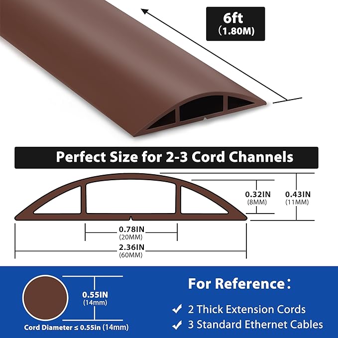 Cord Hider Floor 6ft LZEOY, Heavy Duty Cord Covers for Wires on Floor, Brown Floor Cable Management, Hide Cord Cover Floor, Electrical Cable Hider Cord Protector Floor, Cable Cavity: 0.78" W x 0.32" H