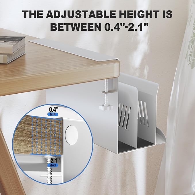 Litwaro Desk Side Storage Organizer, 2 Tier Under Desk Laptop Holder No Drill, Laptop Mount with Magnetic Pen Holder, Hanging Desk Organizer Fits Flat Edge Desks 0.4" to 2.1" (White)