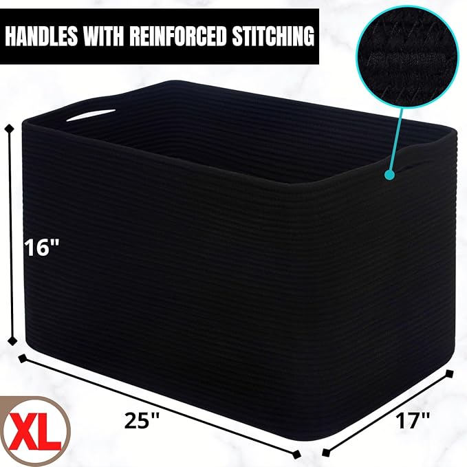 MINTWOOD Design 112L Extra Large Blanket Basket Holder Living Room, 25"x17"x16" Rectangle Rope Woven Storage Basket with Handles for Laundry, Pool Towels, Shoes, Dog Toy Organizer Bin Box, Black