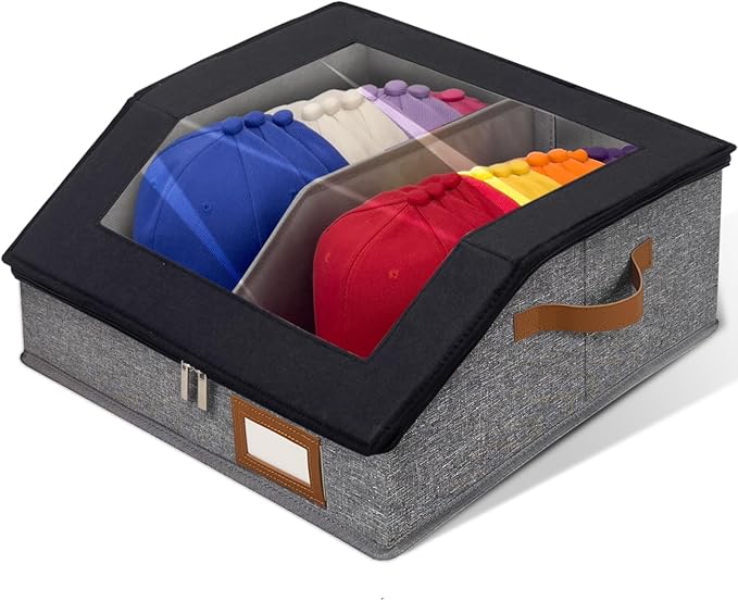 2-in-1 Hat Organizer for Baseball Caps Holds 24-30 Caps Hat Storage with Adjustable Divider Stackable Hats Holder for Closet with Clear lid Cowboy Hat Box for Men Women 1 PCS Black and Grey