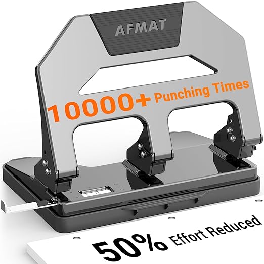 AFMAT Heavy Duty 3 Hole Puncher, 40-Sheet Paper Punch Heavy Duty, 50% Reduced Effort Three Hole Punch, 10K+ Uses, Metal Hole Puncher 3 Ring w/Large Tray, Bulit-in S.S. Paper Guide, Gray