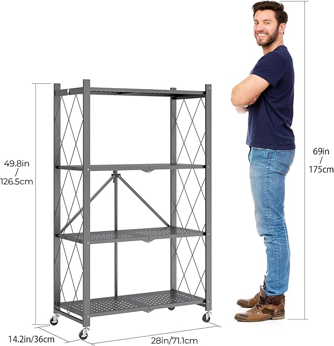 4-Tier Folding Metal Storage Shelf with Wheels, No Assembly Organizer Rack, Heavy Duty Collapsible Shelving Unit for Garage, Kitchen, Basement, Pantry, Living Room(New Upgrade - Gray, 4 Tier)