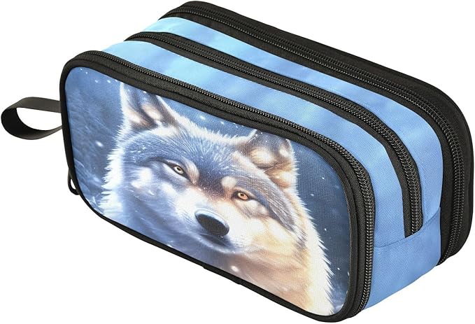 Wolf Snowy Pencil Case Box Boys Girls Large Pencil Pouch Zipper Compartments Big Capacity Stationery Pen Bag Organizer for Kids Teens Adults School
