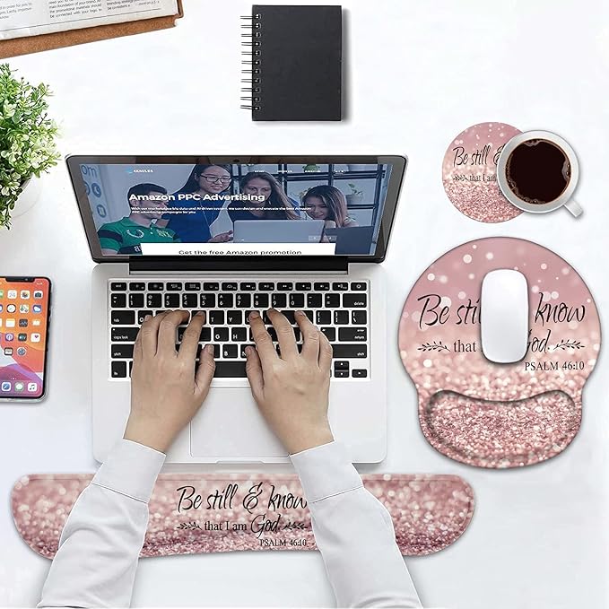 Keyboard Wrist Rest and Mouse Pad Wrist Rest Support Set with Coasters, Non-Slip PU Base for Gaming and Office, Comfortable & Lightweight for Easy Typing & Pain Relief - Quote Bible Verses Psalm 46:10
