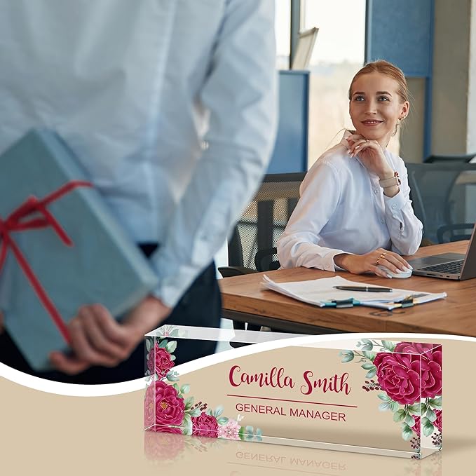 Personalized Name Plate for Desk, Custom Acrylic Desk Name Sign, Office Appreciation Gifts for Women Men Coworkers Boss Teacher Employee (Flower-Rose)