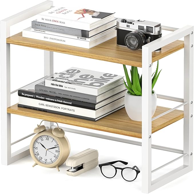 Office Desk Shelf Organizer, Wood Desktop Bookshelf Supplies Storage Rack, Shelf for Top of Desk and Dresser (White-2 Tier)